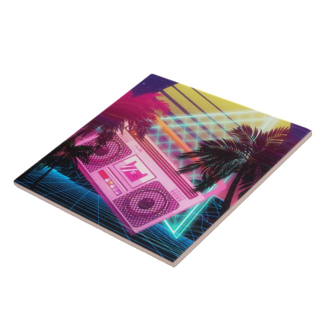 Funky 80s pink boombox with palm trees tile (Side)