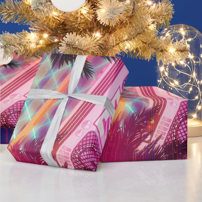 Funky 80s pink boombox with palm trees wrapping paper (Holidays)