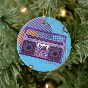 Funky 80s portable radio cassette player, boombox ceramic tree decoration