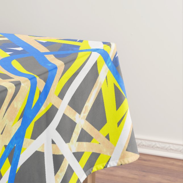 Funky Abstract Art Blue Grey Yellow Tablecloth (In Situ)
