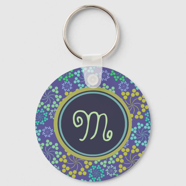 Funky Abstract Blue Floral Pattern Monogram Key Ring (Front)