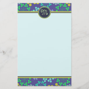 Funky Abstract Blue Floral Pattern Monogram Stationery