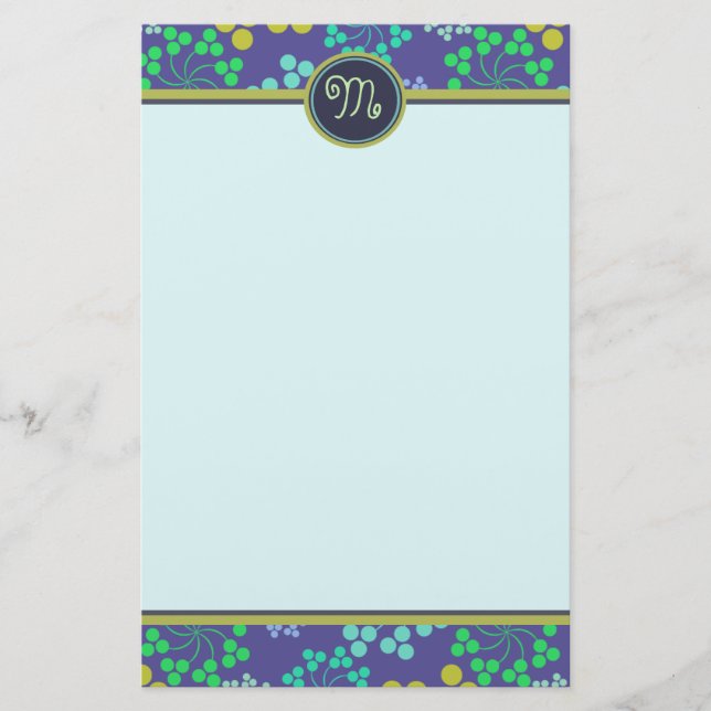 Funky Abstract Blue Floral Pattern Monogram Stationery (Front)