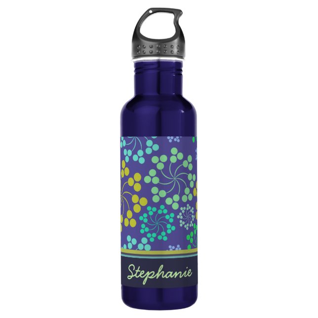 Funky Abstract Blue Floral Pattern Personalised 710 Ml Water Bottle (Front)