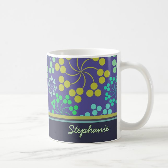 Funky Abstract Blue Floral Pattern Personalised Coffee Mug (Right)