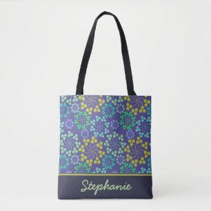Funky Abstract Blue Floral Pattern Personalised Tote Bag