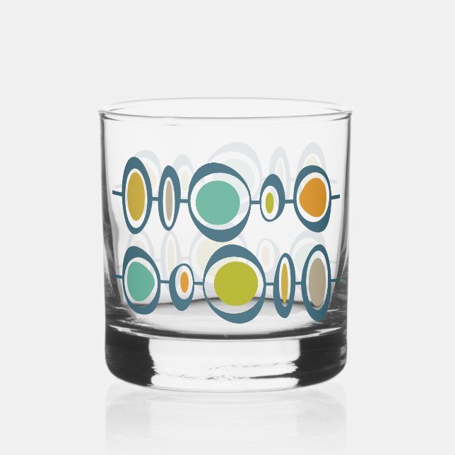 Funky Abstract Circles Green Blue Midcentury Whiskey Glass (Front)