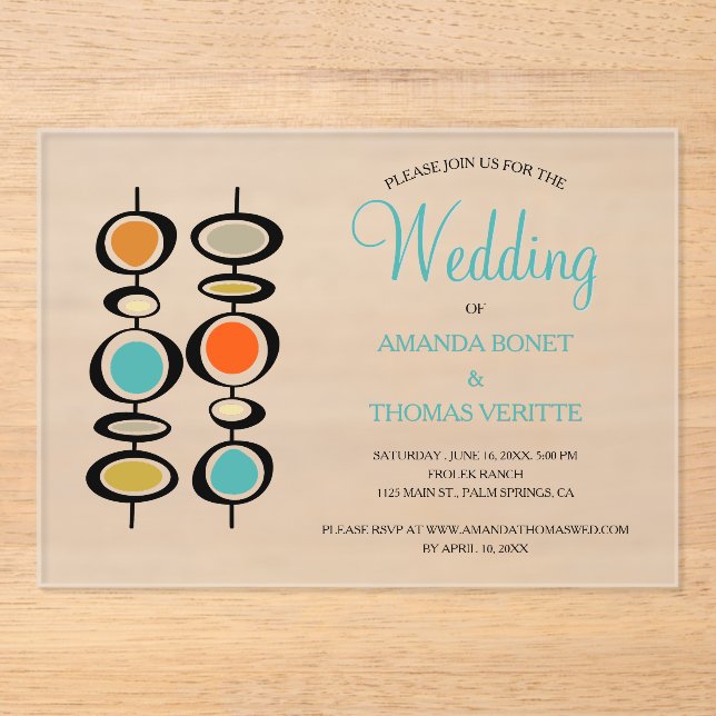Funky Abstract Circles Mid Century Wedding Acrylic Invitations (Front)