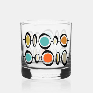 Funky Abstract Circles Turquoise Orange Midcentury Whiskey Glass