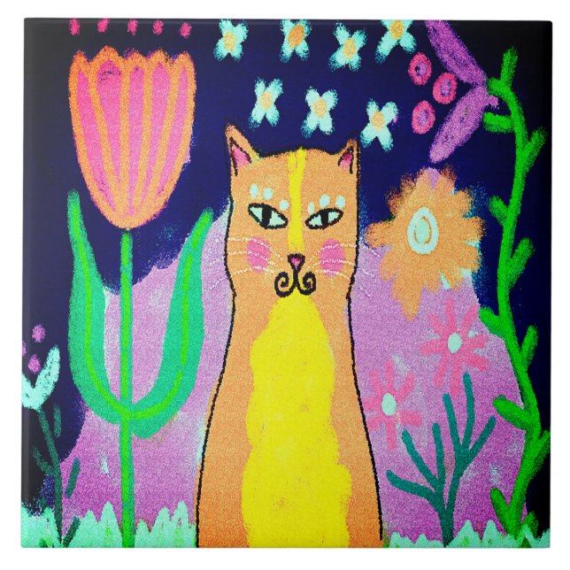 Funky Abstract Digital Cat Art Tile (Front)