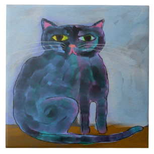 Funky Abstract Digital Cat Painting Tile