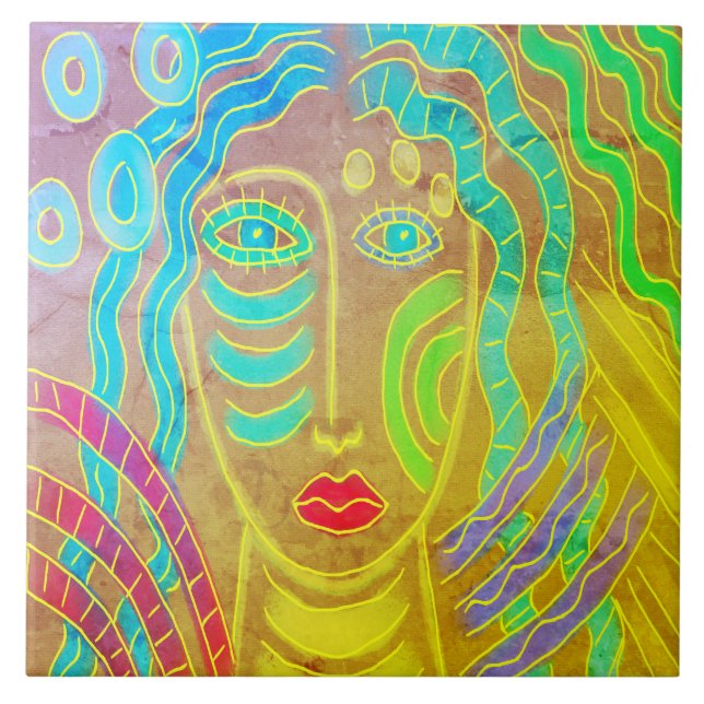 Funky Abstract Digital Painting of a Woman Tile (Front)