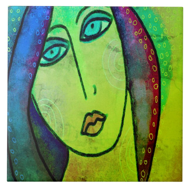 Funky Abstract Digital Portrait of a Woman Tile (Front)