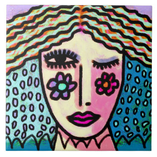 Funky Abstract Digital Portrait of a Woman Tile