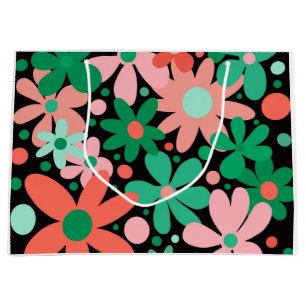Funky, abstract flowers in green & pink large gift bag