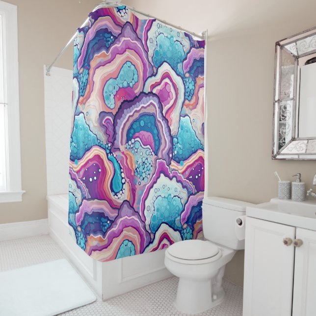 Funky Abstract Geode Agate Pattern Bathroom  Shower Curtain (In Situ)