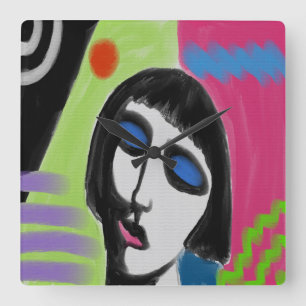 Funky Abstract Portrait of a Woman Square Wall Clo Clock