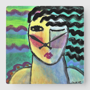 Funky Abstract Portrait of a Woman Square Wall Clo Square Wall Clock
