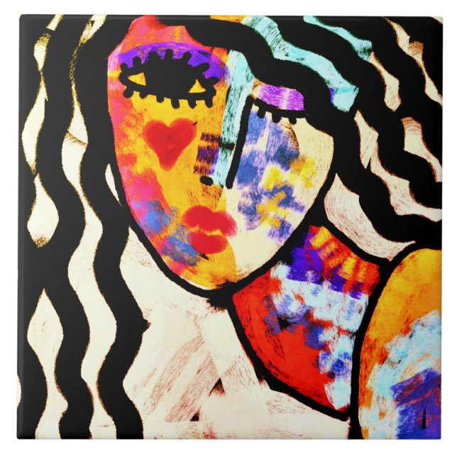 Funky Abstract Portrait of a Woman Tile (Front)