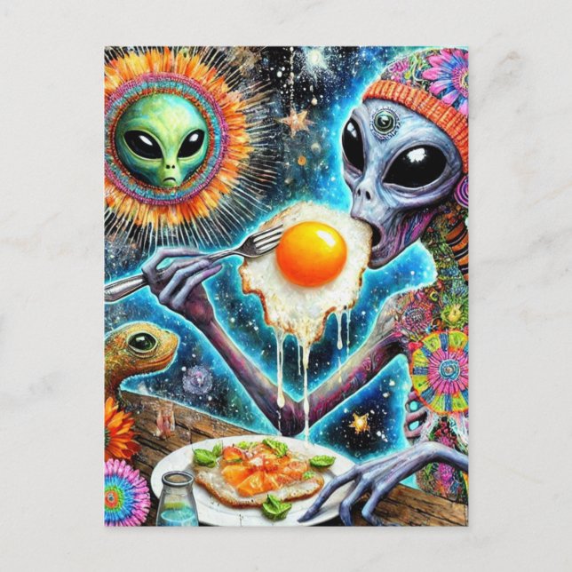 Funky Alien Eating Fried Eggs Postcard (Front)