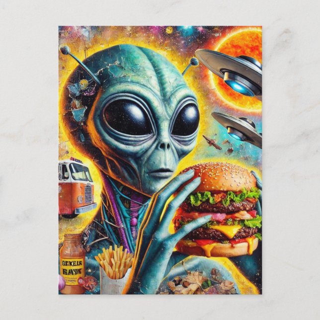 Funky Alien Eats Cheeseburger and Fries Collage Postcard (Front)