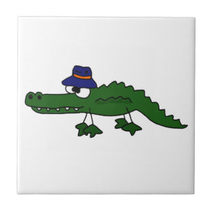 Funky Alligator Wearing Fishing Hat Cartoon Tile