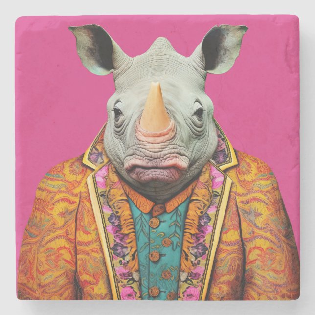 Funky Anthropomorphic Rhino Portrait on Hot Pink  Stone Coaster (Front)