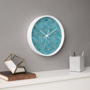 Funky Aqua Turquoise Blue Curved Lines Art Pattern Clock