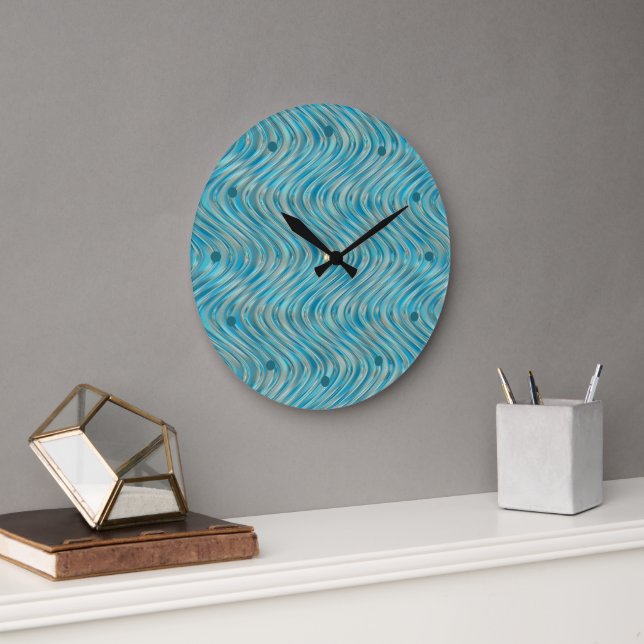 Funky Aqua Turquoise Blue Curved Lines Art Pattern Large Clock (Office)