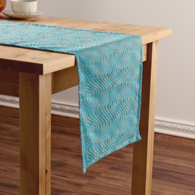 Funky Aqua Turquoise Blue Curved Lines Art Pattern Medium Table Runner (In Situ)