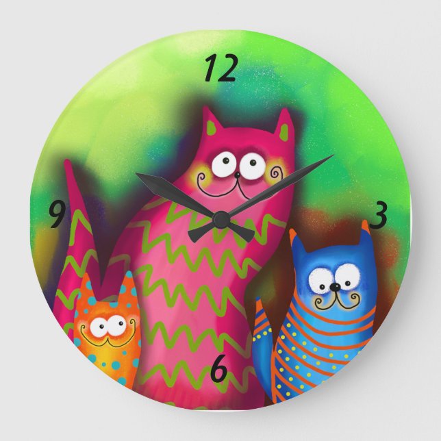 Funky Artsy Colourful Cat Wall Clock (Front)