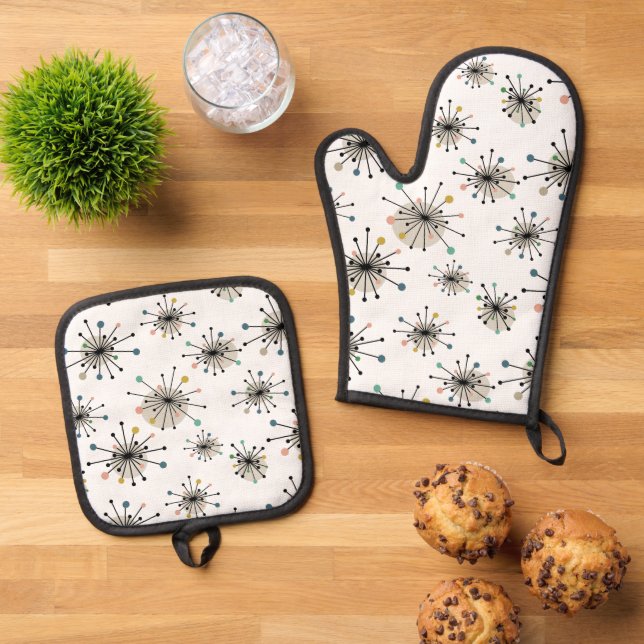 Funky Atomic Starburst Pattern Midcentury Modern Oven Mitt & Pot Holder Set (Top Down)