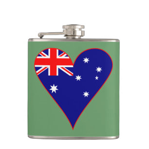 Funky Australia Heart Flag Green Background  Hip Flask
