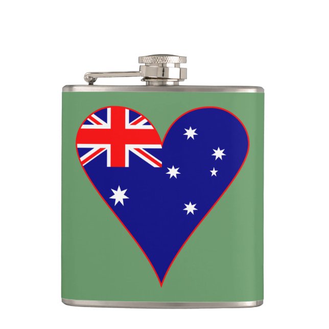Funky Australia Heart Flag Green Background  Hip Flask (Front)