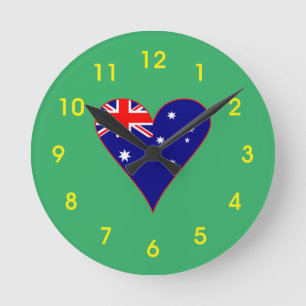 Funky Australia Heart Flag Green Background Round Clock