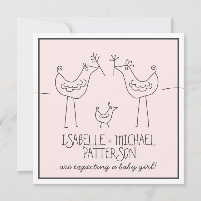 Funky Birds Modern Family Couples Baby Girl Shower Invitation (Front)
