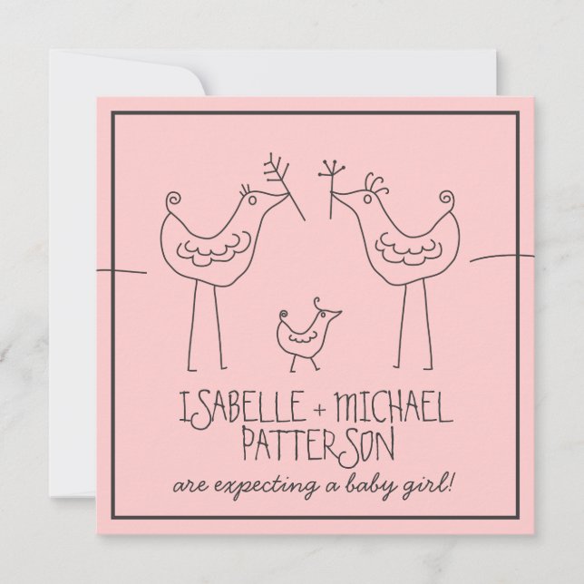 Funky Birds Modern Family Couples Baby Girl Shower Invitation (Front)