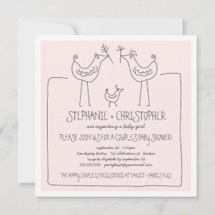 Funky Birds Modern Family Couples Girl Baby Shower Invitation