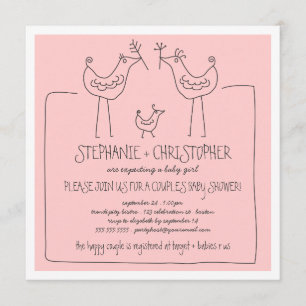 Funky Birds Modern Family Couples Girl Baby Shower Invitation