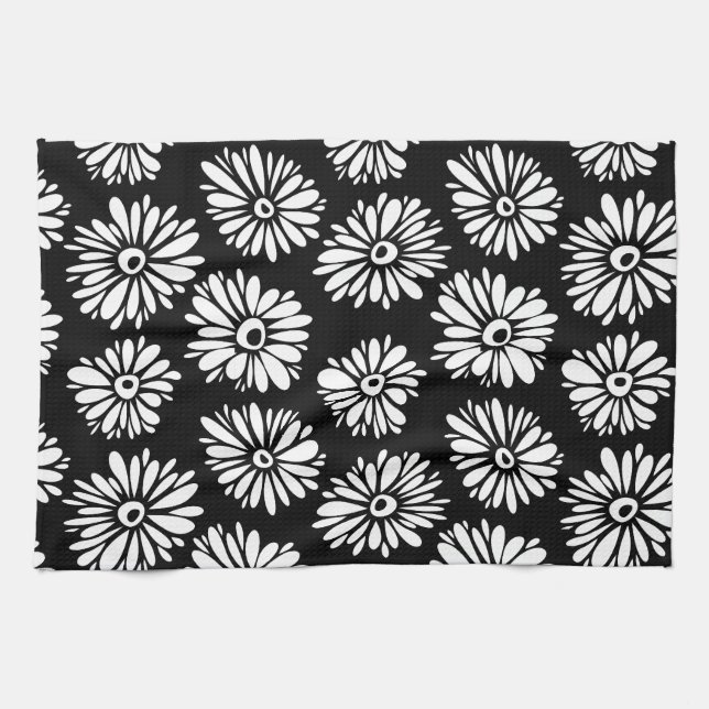 Funky Black and white flowers Tea Towel (Horizontal)