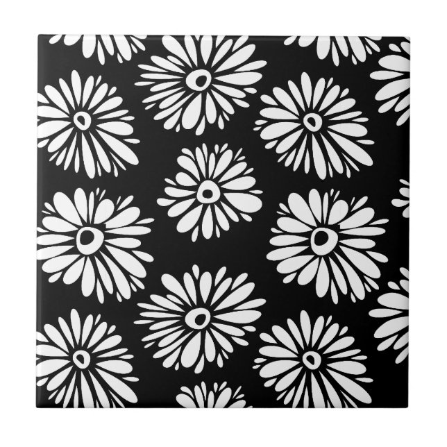 Funky Black and white flowers Tile (Front)
