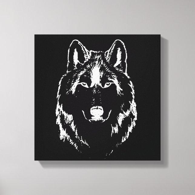 Funky Black And White Wolf Face Head Sketch Canvas Print (Front)