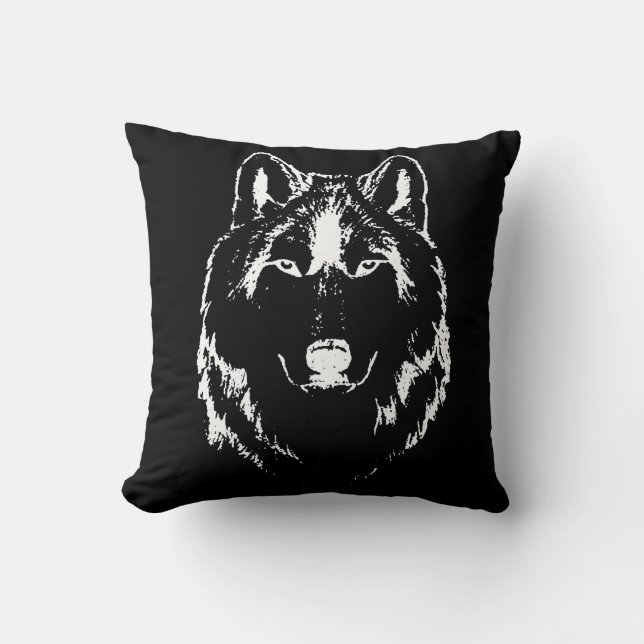 Funky Black And White Wolf Face Head Sketch Cushion (Front)