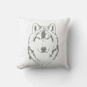 Funky Black And White Wolf Face Head Sketch Cushion