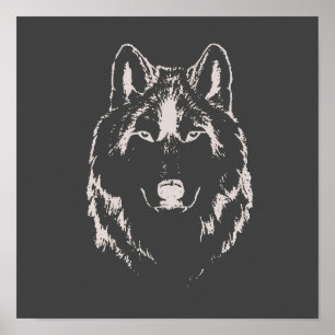 Funky Black And White Wolf Face Head Sketch Poster