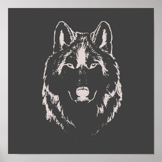 Funky Black And White Wolf Face Head Sketch Poster (Front)