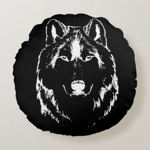 Funky Black And White Wolf Face Head Sketch Round Cushion
