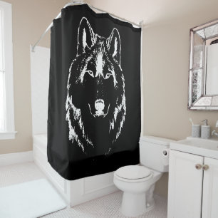 Funky Black And White Wolf Face Head Sketch Shower Curtain