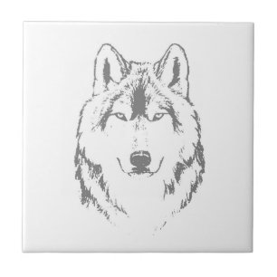 Funky Black And White Wolf Face Head Sketch Tile