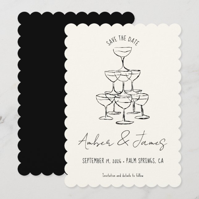 Funky Black Hand drawn Champagne Tower Wedding Save The Date (Front/Back)